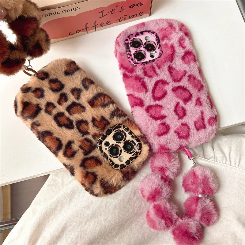 Phone Cases Iphone 15 Pro Max - Fashion Leopard Furry Plush Lens Bracket