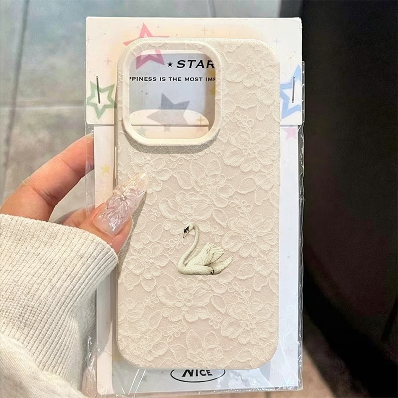 Phone Cases Iphone 15 - Lace Swan Pattern Lychee Texture Phone