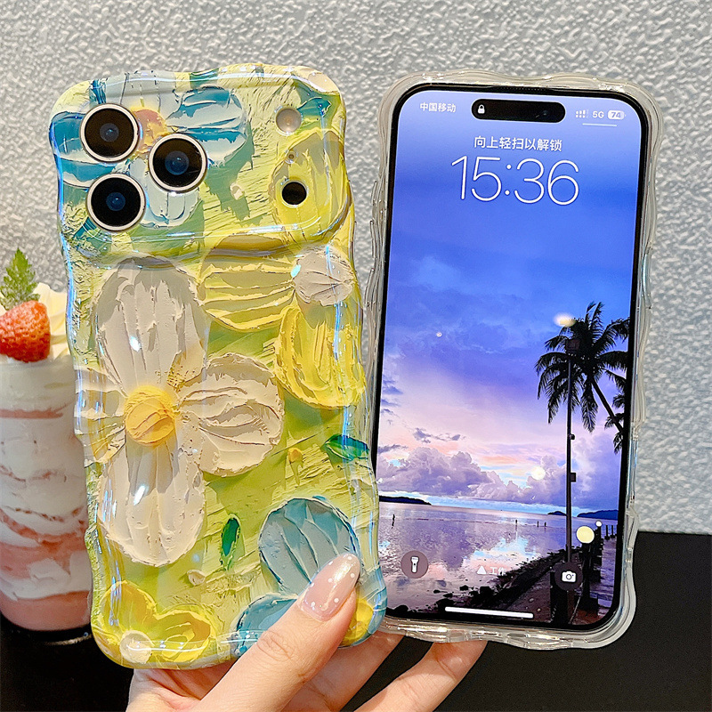 Phone Cases Durable - Fashion Oil Painting Flowers Wavy Phone